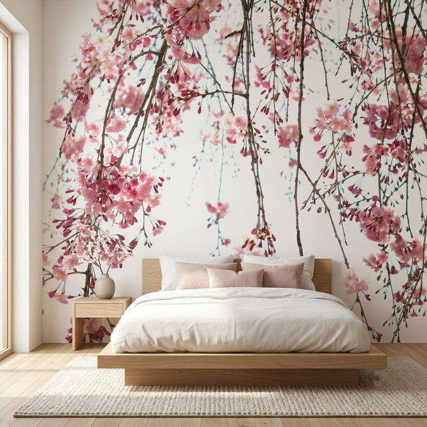 Sarkan Pembe Sakura Dalları Duvar Kağıdı – Beyaz Fon