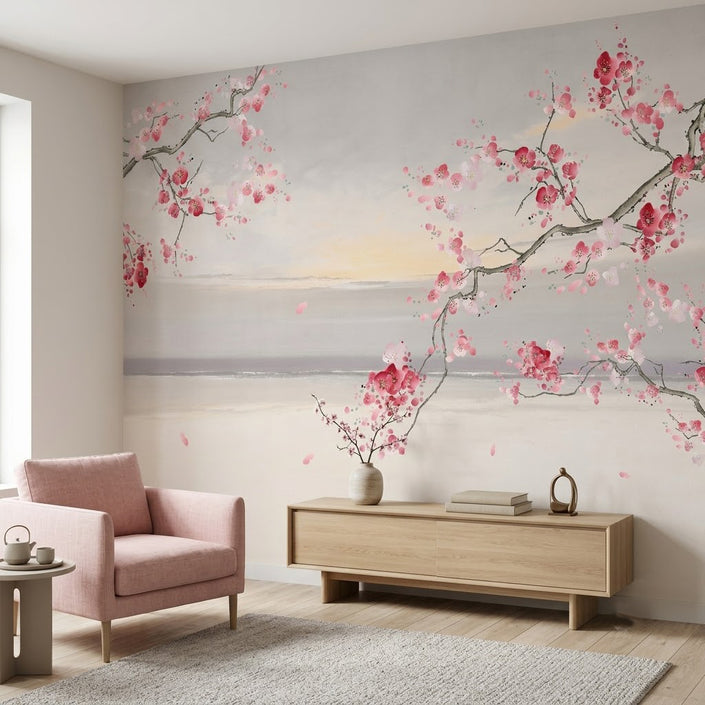 Sakura Dalları ve Sisli Deniz Duvar Kağıdı – Pastel Fon