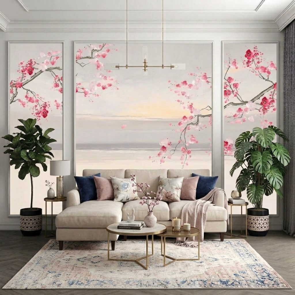 Sakura Dalları ve Sisli Deniz Çıtalı Duvar Kağıdı Seti