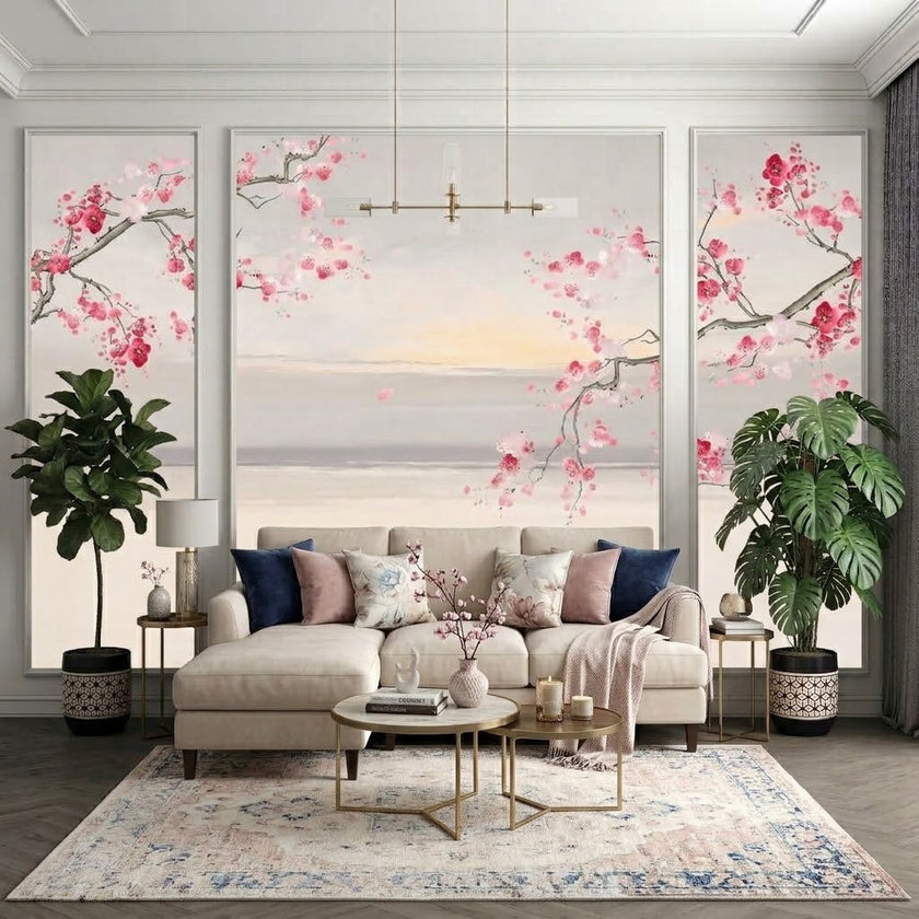 Sakura Dalları ve Sisli Deniz Çıtalı Duvar Kağıdı Seti