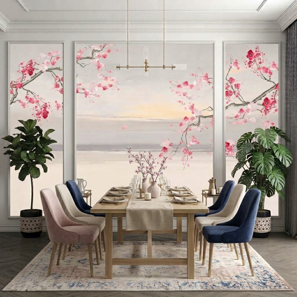 Sakura Dalları ve Sisli Deniz Çıtalı Duvar Kağıdı Seti – uygulama görseli 3