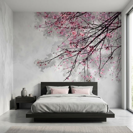 Pembe Sakura Ağacı Dalı Duvar Kağıdı – Gri Fon