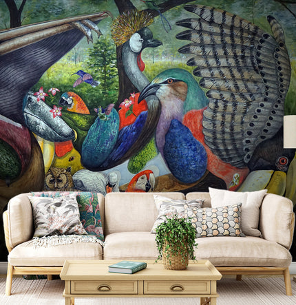 Renkli Soyut Egzotik Kuşlar Duvar Kağıdı – uygulama görseli 2