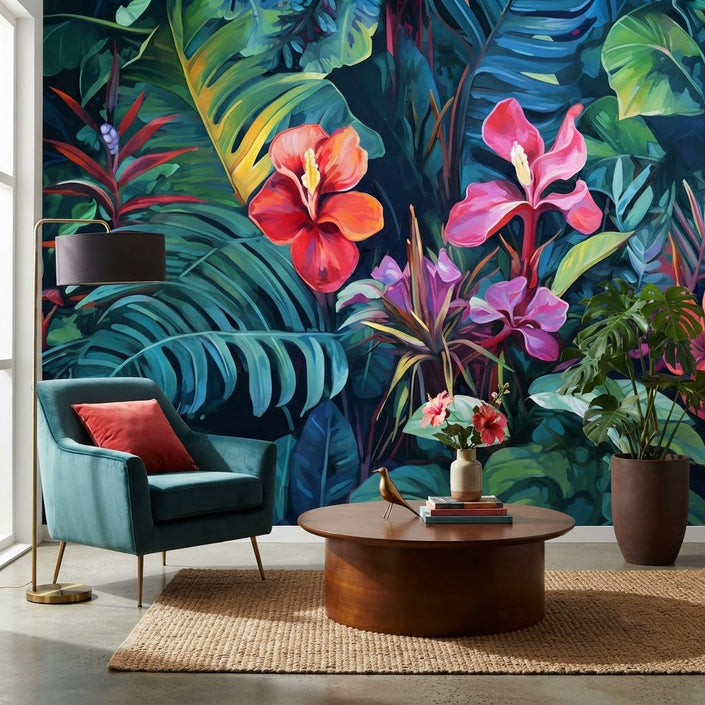 Ebegümeci Çiçekleri ve Tropikal Yapraklar Duvar Kağıdı – Koyu Fon