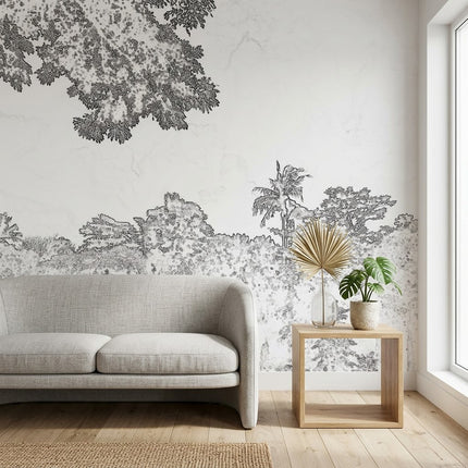 Siyah Beyaz Gravür Tropikal Manzara Duvar Kağıdı – Minimalist