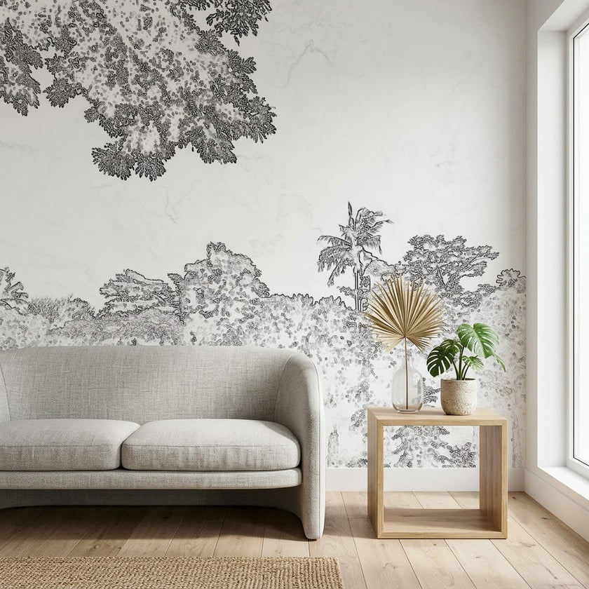 Siyah Beyaz Gravür Tropikal Manzara Duvar Kağıdı – Minimalist