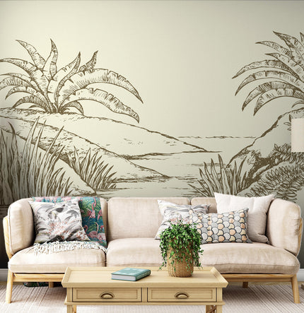 Sepya Çizim Tropikal Sahil ve Palmiyeler Duvar Kağıdı – uygulama görseli 2