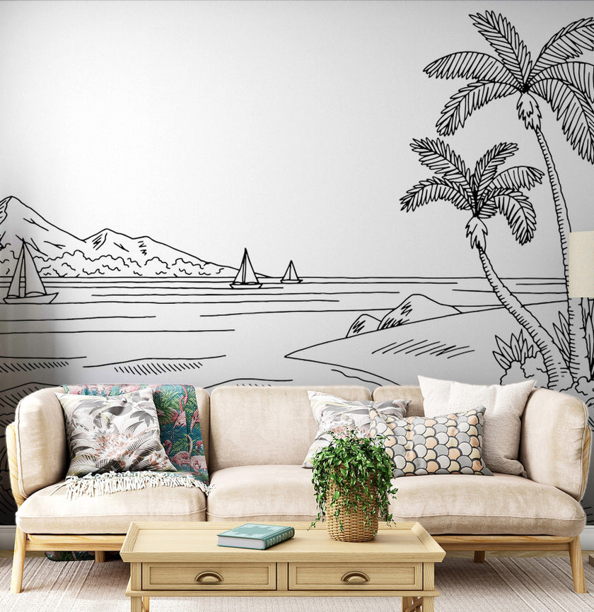 Minimalist Çizgi Palmiyeler ve Sahil Duvar Kağıdı – uygulama görseli 2