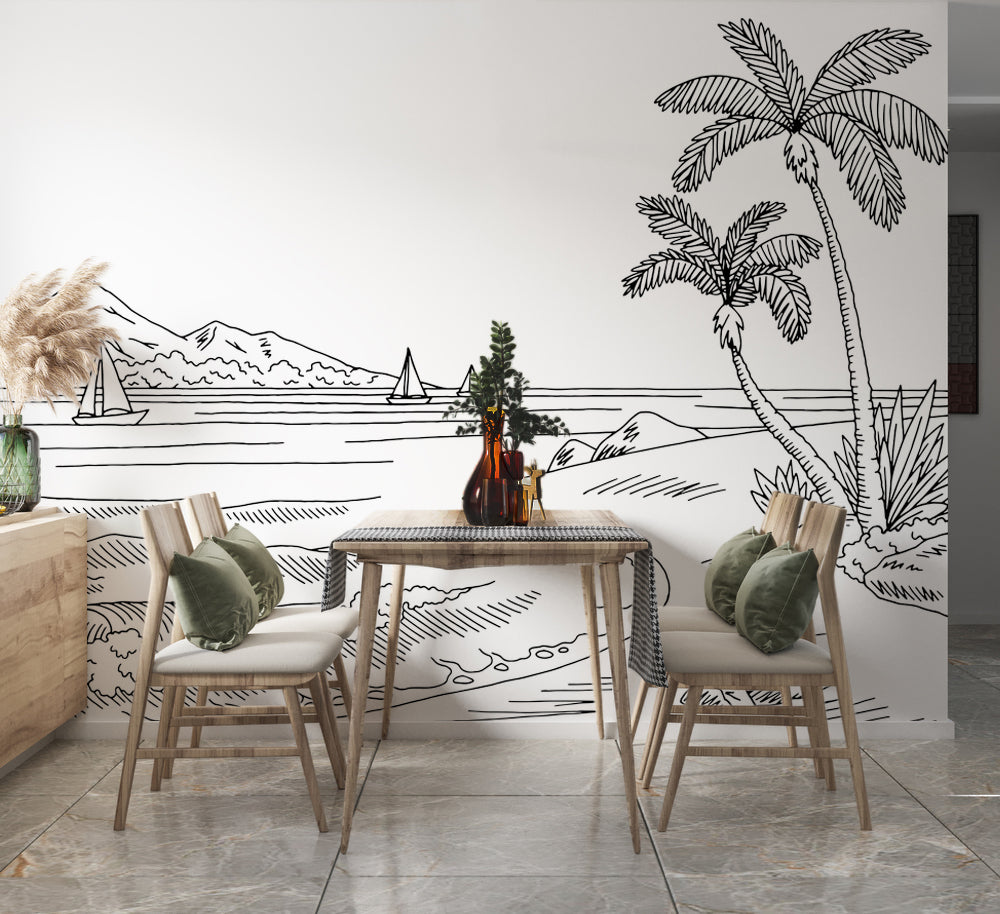 Minimalist Çizgi Palmiyeler ve Sahil Duvar Kağıdı – uygulama görseli 3