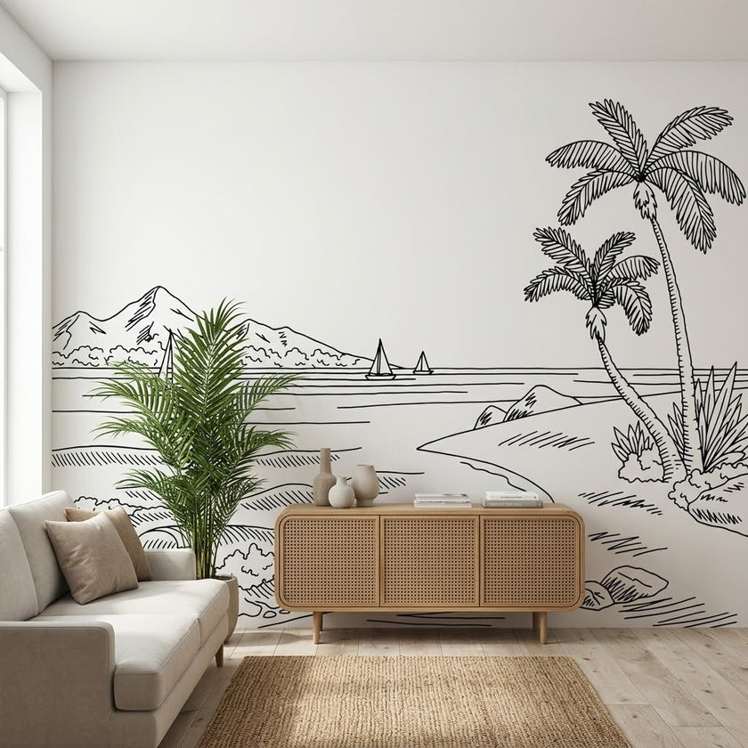 Minimalist Çizgi Palmiyeler ve Sahil Duvar Kağıdı – Beyaz Fon