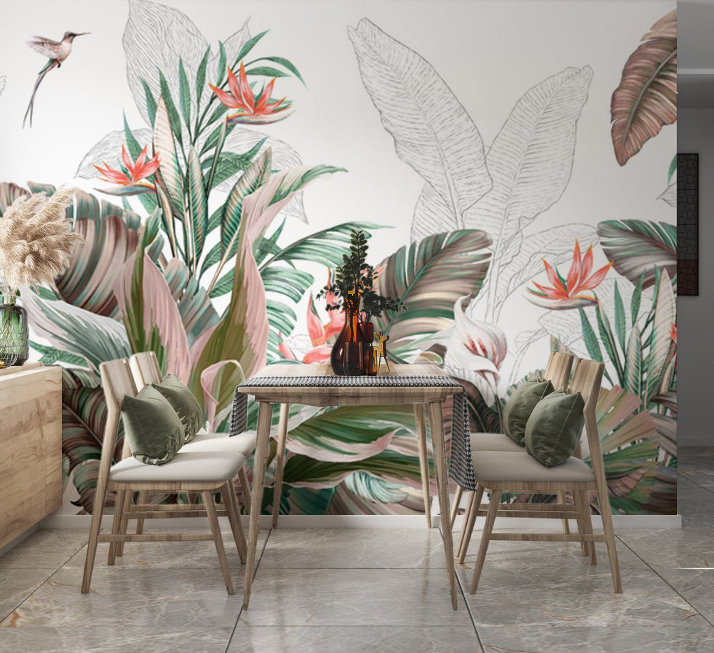 Cennet Kuşu Çiçekleri ve Tropikal Yapraklar Duvar Kağıdı – uygulama görseli 3