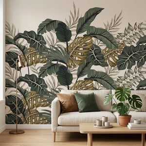 Monstera ve Tropikal Yapraklar Duvar Kağıdı – Krem Fon