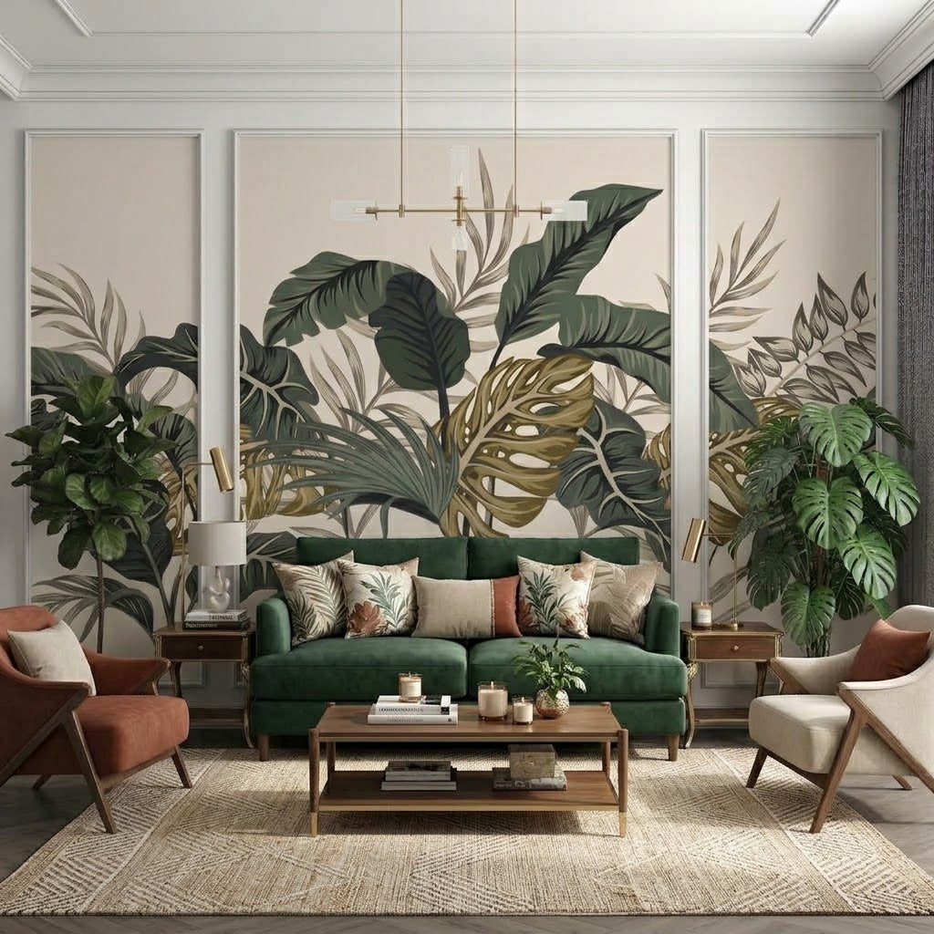 Monstera ve Tropikal Yapraklar Çıtalı Duvar Kağıdı Seti – uygulama görseli 2