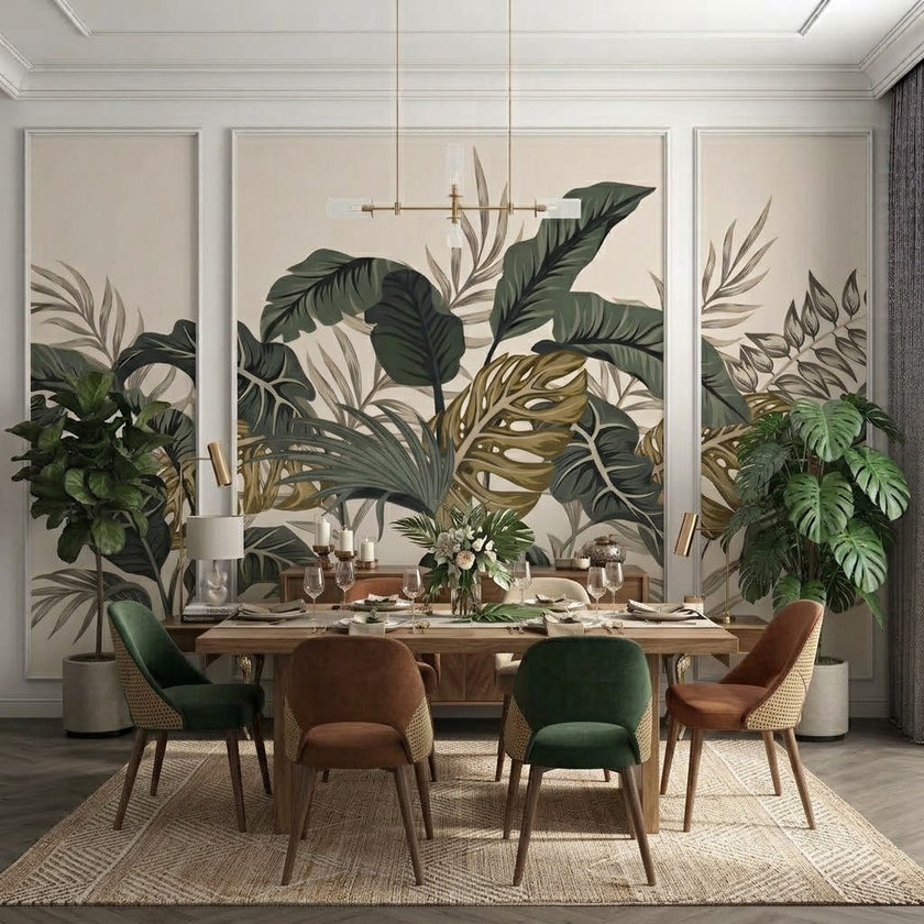 Monstera ve Tropikal Yapraklar Çıtalı Duvar Kağıdı Seti – uygulama görseli 3