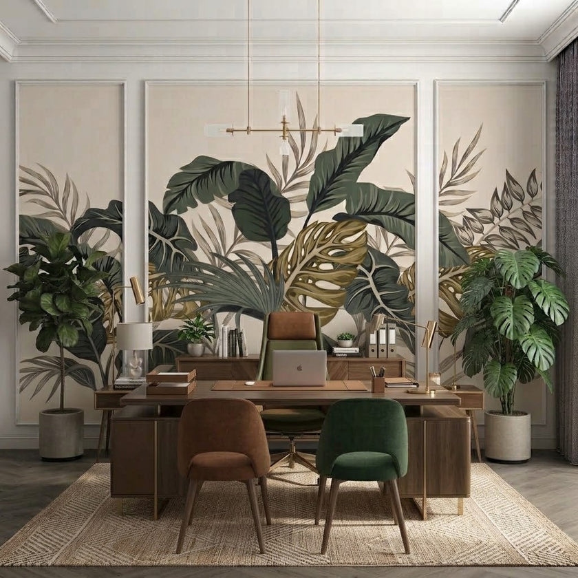 Monstera ve Tropikal Yapraklar Çıtalı Duvar Kağıdı Seti – uygulama görseli 4