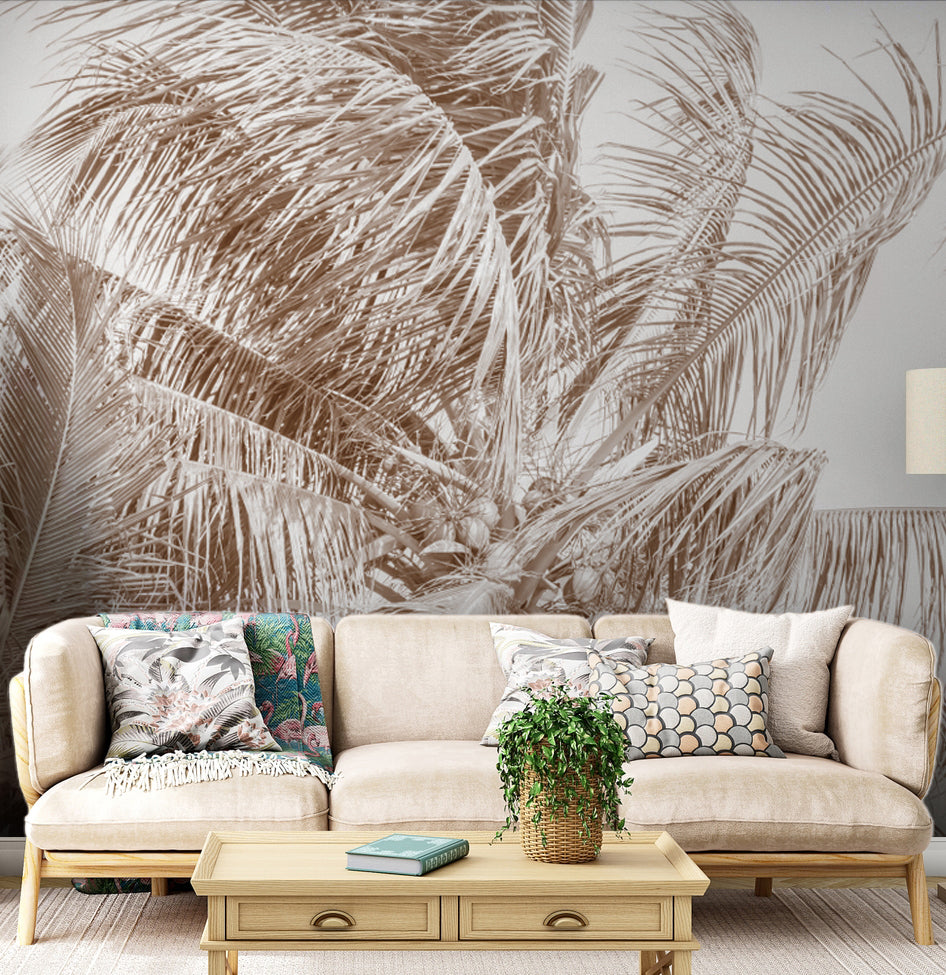 Bej Monokrom Palmiye Yaprakları Duvar Kağıdı – uygulama görseli 2