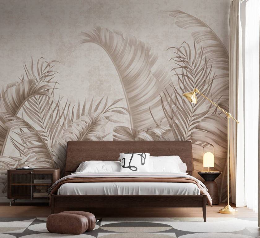 Bej Monokrom Muz Yaprakları Duvar Kağıdı – uygulama görseli 5