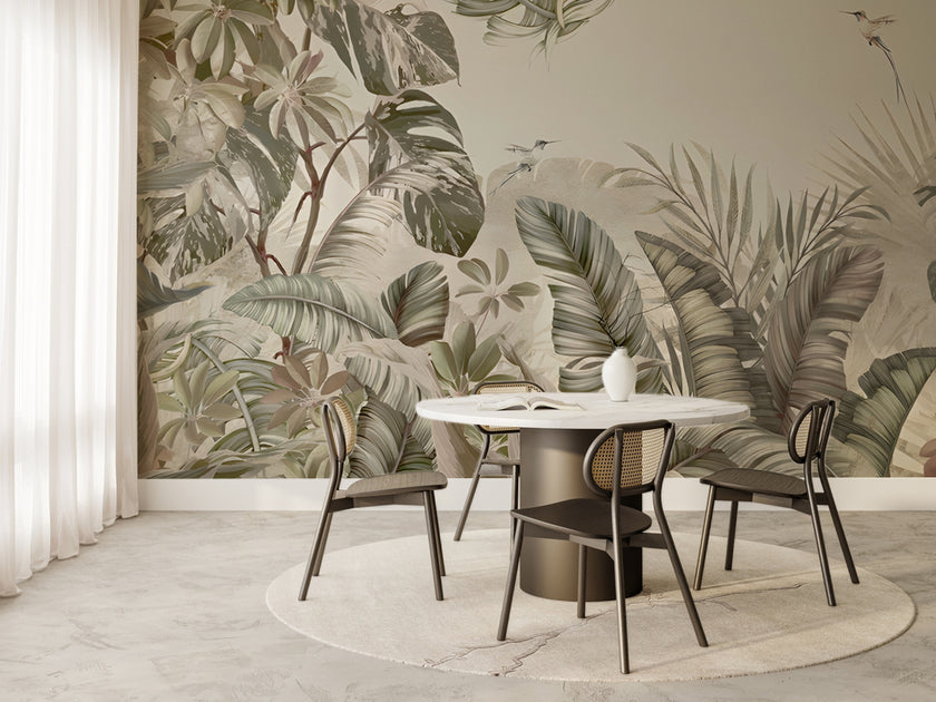 Pastel Tropikal Orman ve Monstera Yaprakları Duvar Kağıdı – uygulama görseli 6