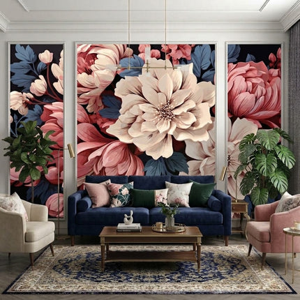 Büyük Pembe ve Krem Çiçekler Çıtalı Duvar Kağıdı Seti