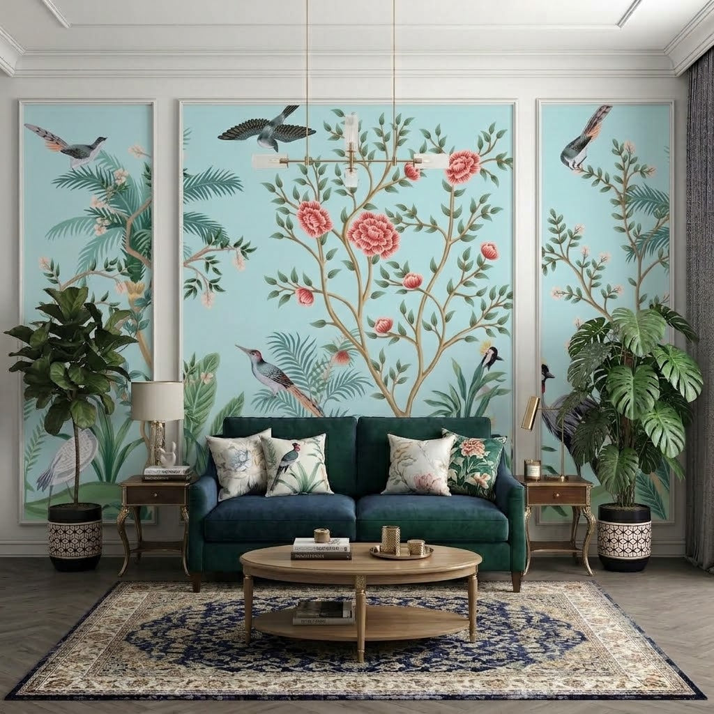 Turnalar ve Chinoiserie Bahçe Çıtalı Duvar Kağıdı Seti – uygulama görseli 3