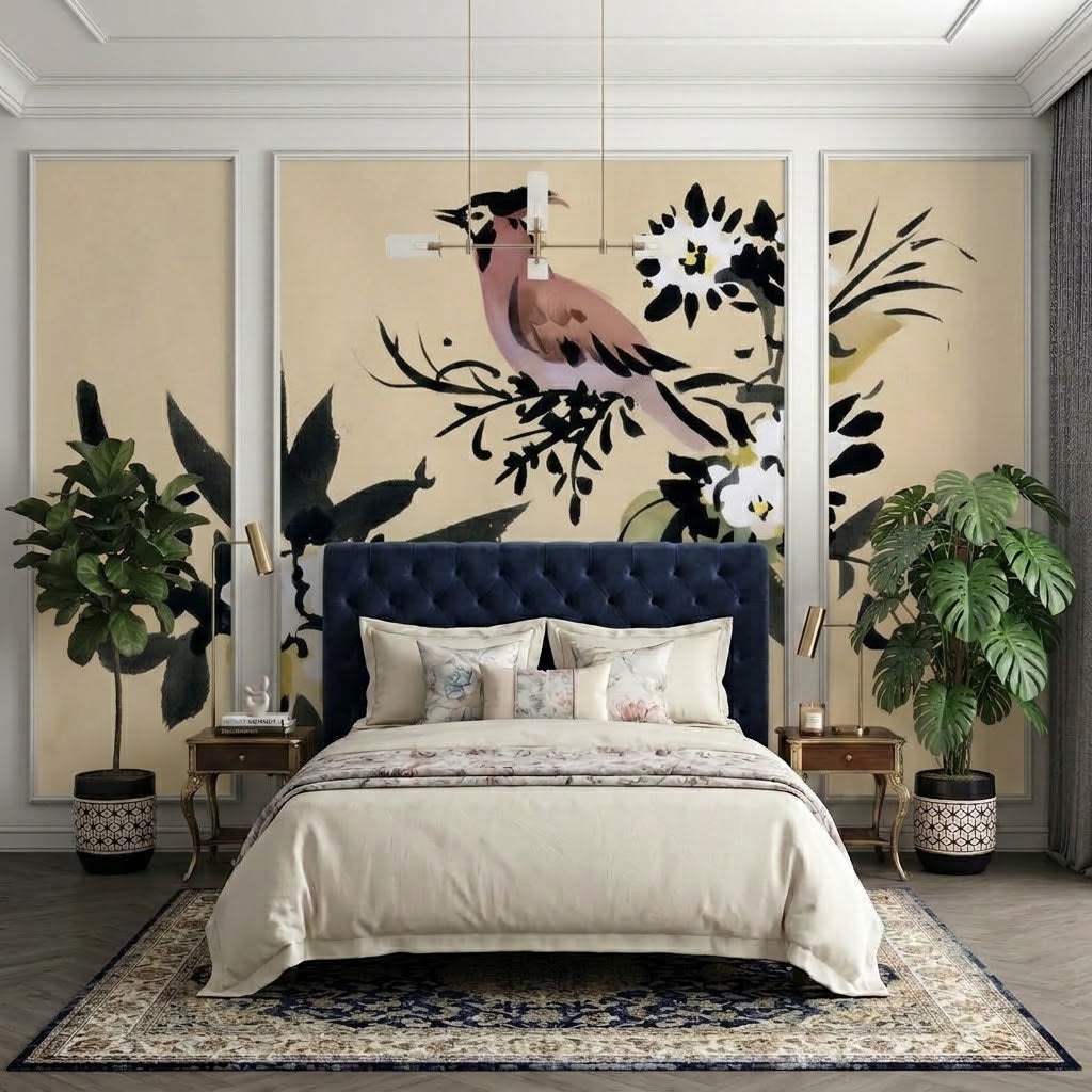 Japon Mürekkep Tarzı Kuş ve Beyaz Çiçekler Çıtalı Duvar Kağıdı Seti