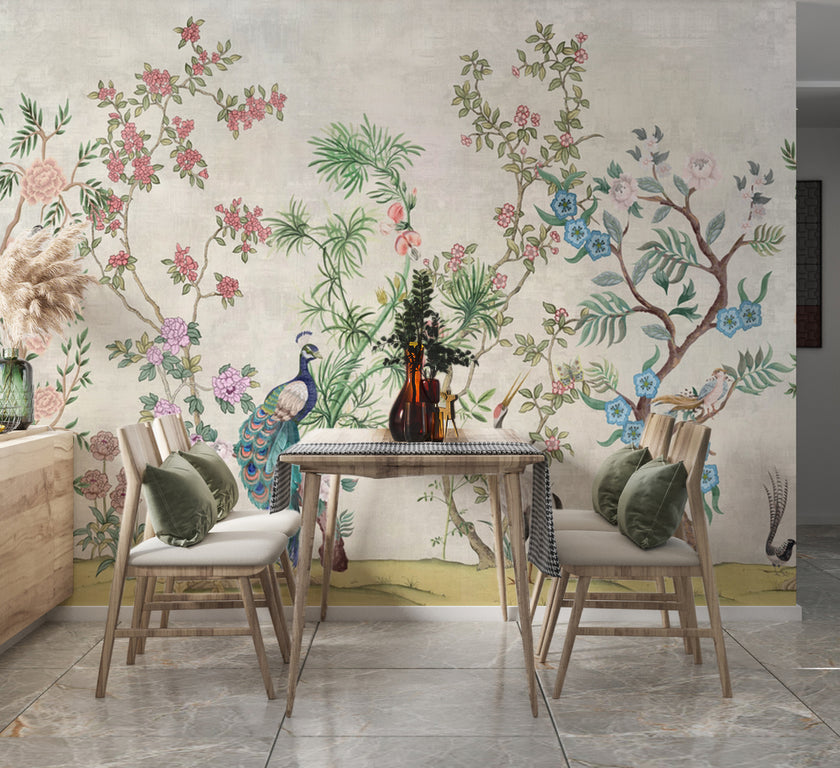 Chinoiserie Çiçekli Ağaçlar ve Vazolar Duvar Kağıdı – uygulama görseli 3