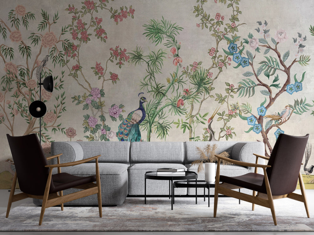 Chinoiserie Çiçekli Ağaçlar ve Vazolar Duvar Kağıdı – uygulama görseli 4