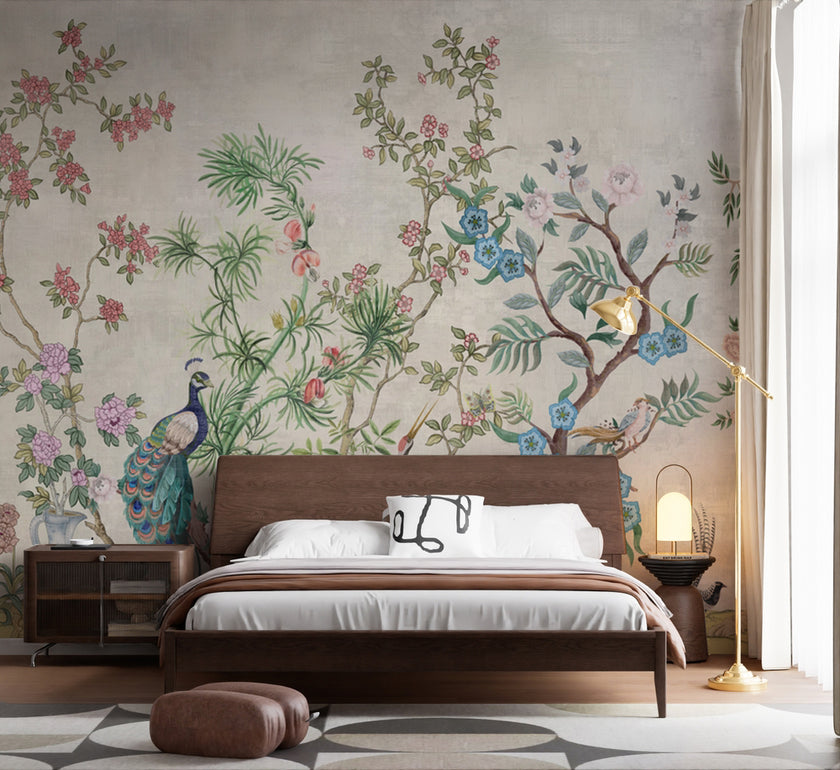 Chinoiserie Çiçekli Ağaçlar ve Vazolar Duvar Kağıdı – uygulama görseli 5