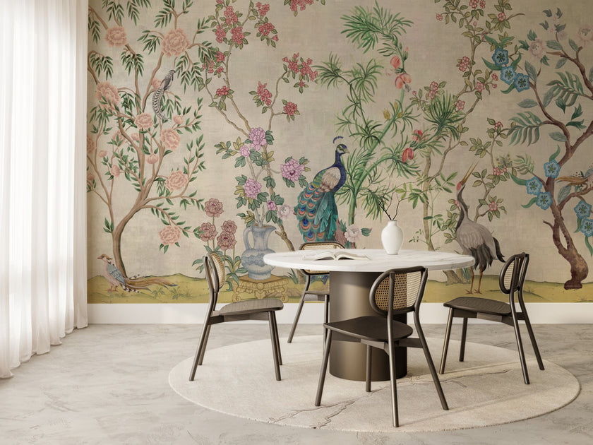 Chinoiserie Çiçekli Ağaçlar ve Vazolar Duvar Kağıdı – uygulama görseli 6