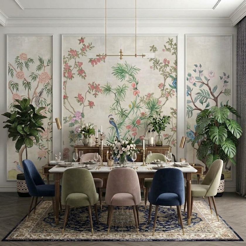 Chinoiserie Çiçekli Ağaçlar ve Vazolar Çıtalı Duvar Kağıdı Seti