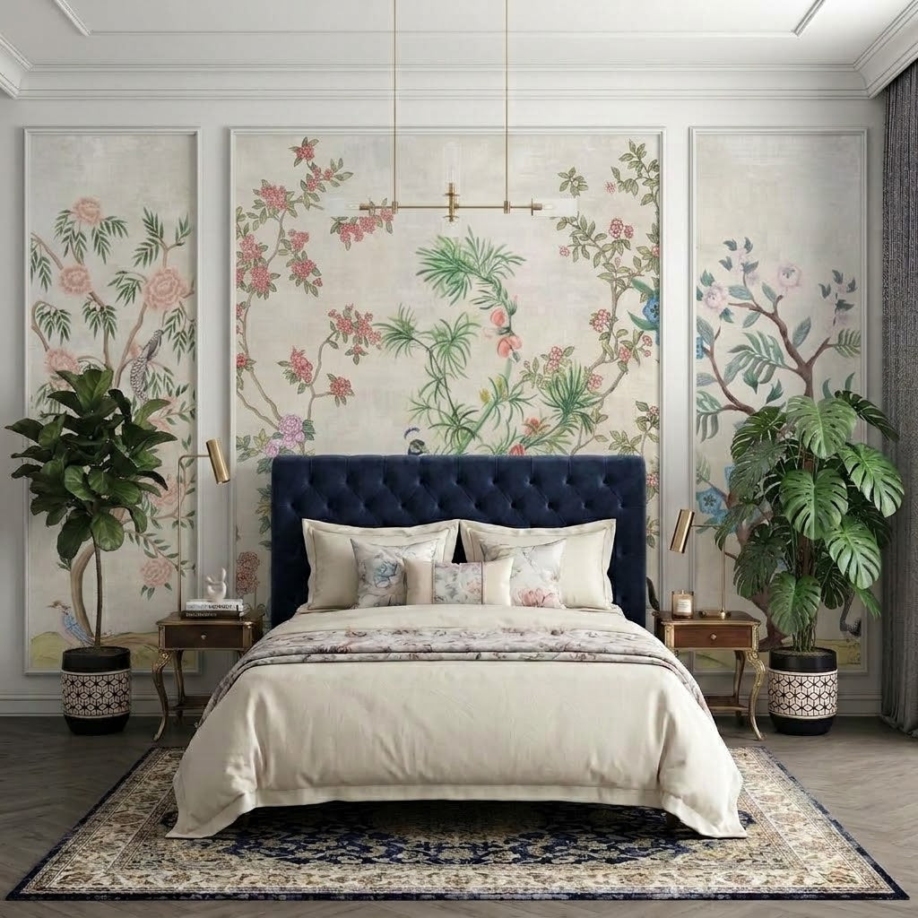 Chinoiserie Çiçekli Ağaçlar ve Vazolar Çıtalı Duvar Kağıdı Seti – uygulama görseli 2