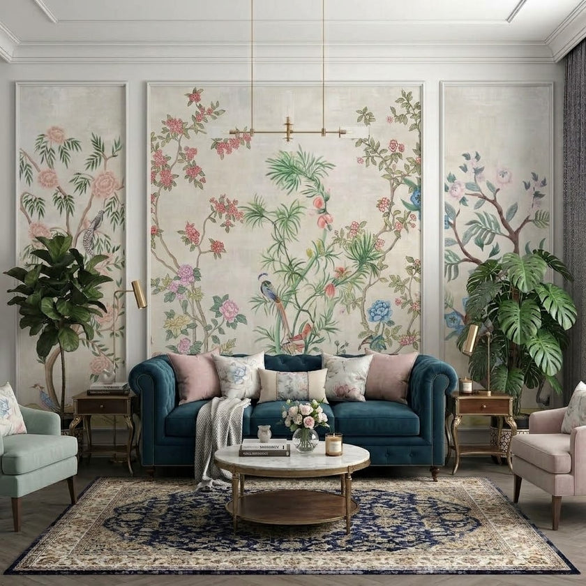 Chinoiserie Çiçekli Ağaçlar ve Vazolar Çıtalı Duvar Kağıdı Seti – uygulama görseli 3