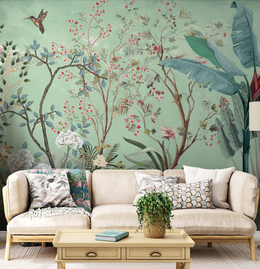 Chinoiserie Çiçekli Bahçe ve Kuşlar Duvar Kağıdı – uygulama görseli 2