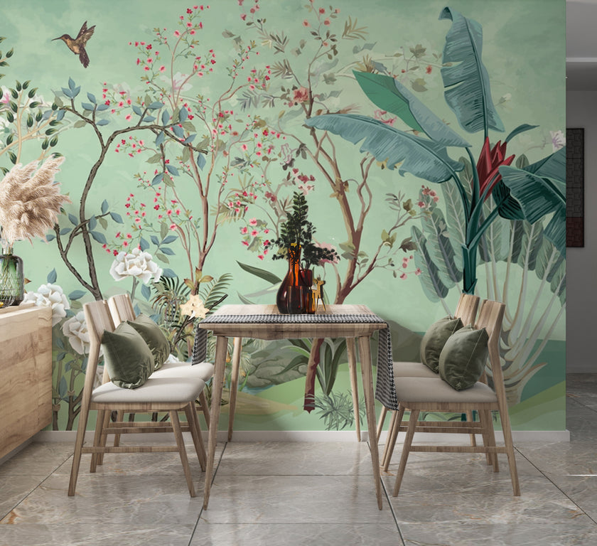 Chinoiserie Çiçekli Bahçe ve Kuşlar Duvar Kağıdı – uygulama görseli 3