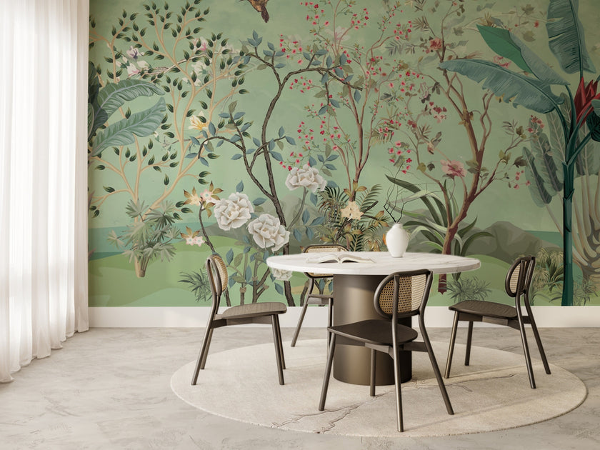 Chinoiserie Çiçekli Bahçe ve Kuşlar Duvar Kağıdı – uygulama görseli 6