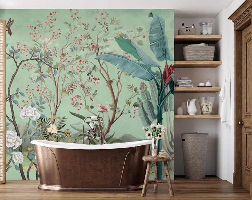 Chinoiserie Çiçekli Bahçe ve Kuşlar Duvar Kağıdı – uygulama görseli 7