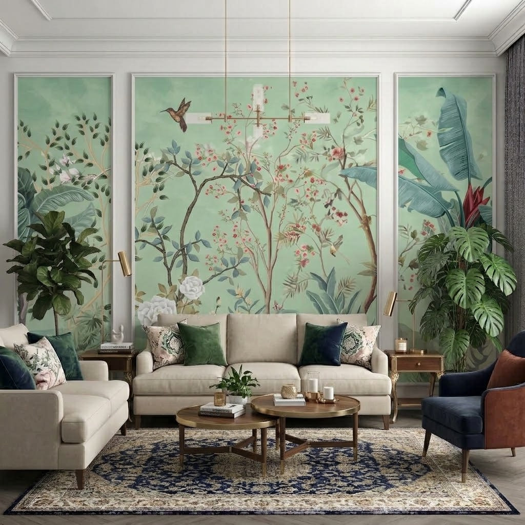 Chinoiserie Çiçekli Bahçe ve Kuşlar Çıtalı Duvar Kağıdı Seti