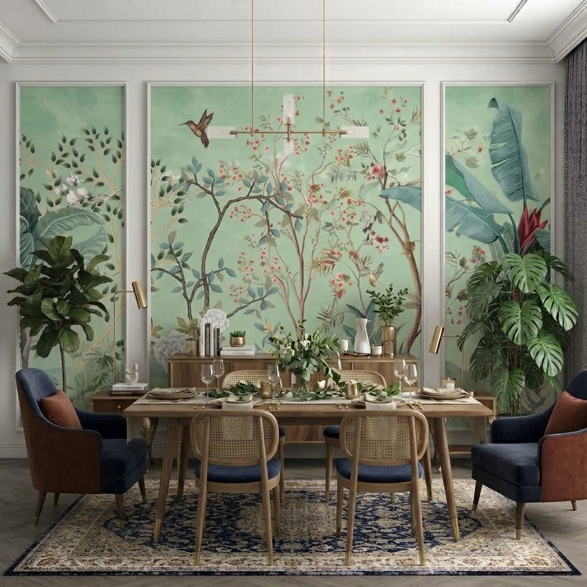 Chinoiserie Çiçekli Bahçe ve Kuşlar Çıtalı Duvar Kağıdı Seti – uygulama görseli 2