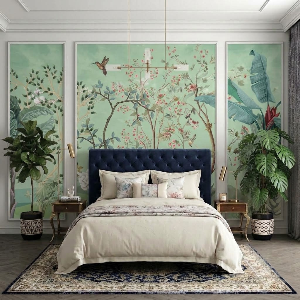 Chinoiserie Çiçekli Bahçe ve Kuşlar Çıtalı Duvar Kağıdı Seti – uygulama görseli 3
