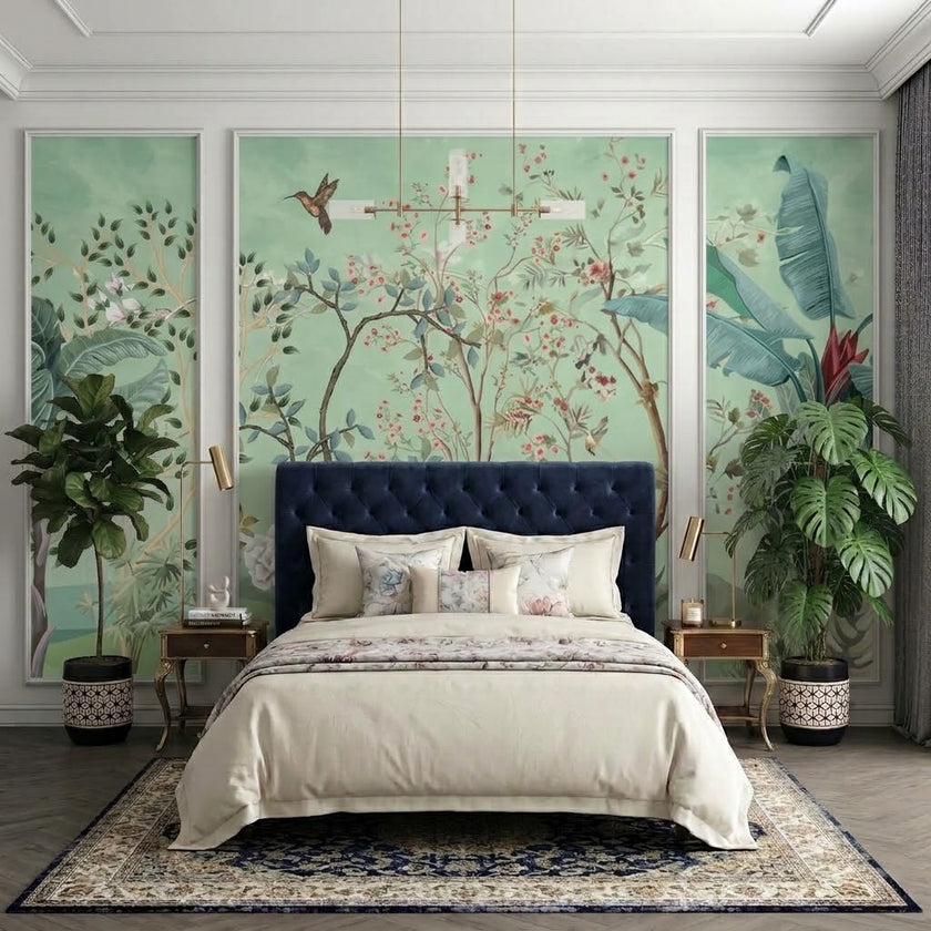 Chinoiserie Çiçekli Bahçe ve Kuşlar Çıtalı Duvar Kağıdı Seti – uygulama görseli 3