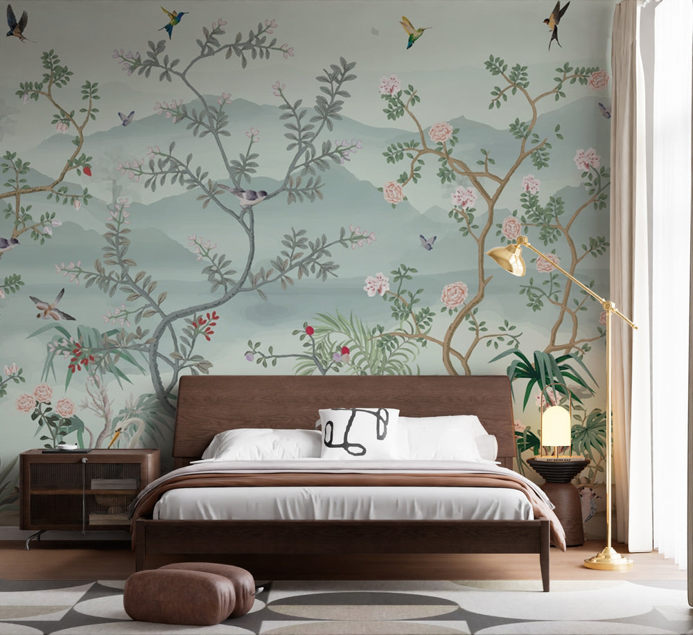 Chinoiserie Ağaçlar, Kuşlar ve Sisli Dağlar Duvar Kağıdı – uygulama görseli 5