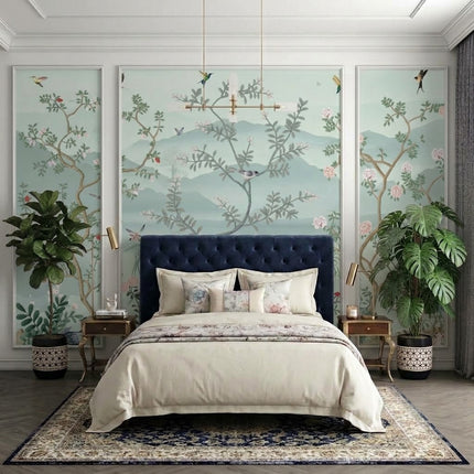 Chinoiserie Ağaçlar, Kuşlar ve Sisli Dağlar Çıtalı Duvar Kağıdı Seti