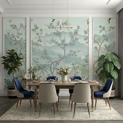 Chinoiserie Ağaçlar, Kuşlar ve Sisli Dağlar Çıtalı Duvar Kağıdı Seti – uygulama görseli 2