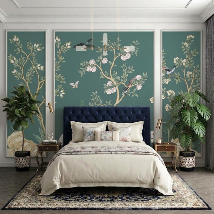 Chinoiserie Ağaçlar ve Turnalar Çıtalı Duvar Kağıdı Seti
