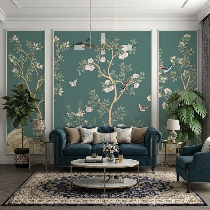 Chinoiserie Ağaçlar ve Turnalar Çıtalı Duvar Kağıdı Seti – uygulama görseli 2