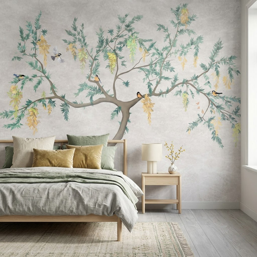 Chinoiserie Salkım Ağacı ve Kuşlar Duvar Kağıdı – Açık Gri Fon