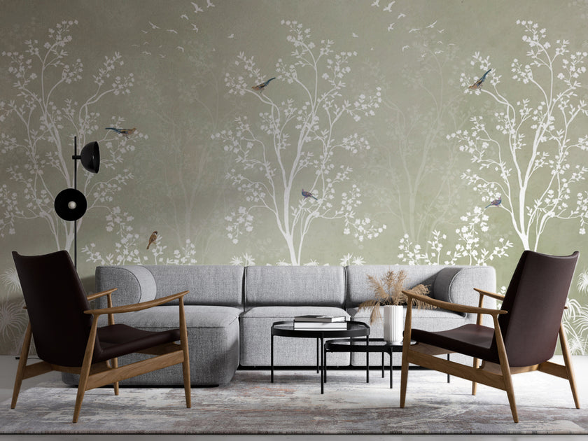 Beyaz Chinoiserie Ağaçlar ve Kuşlar Duvar Kağıdı – uygulama görseli 4
