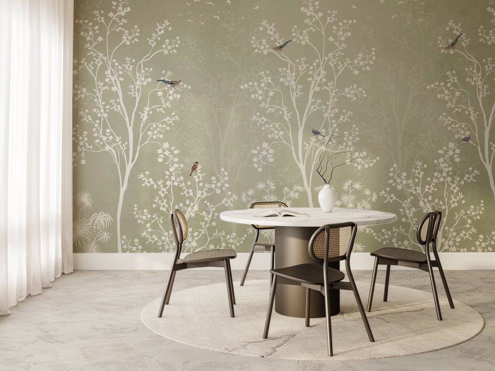 Beyaz Chinoiserie Ağaçlar ve Kuşlar Duvar Kağıdı – uygulama görseli 6