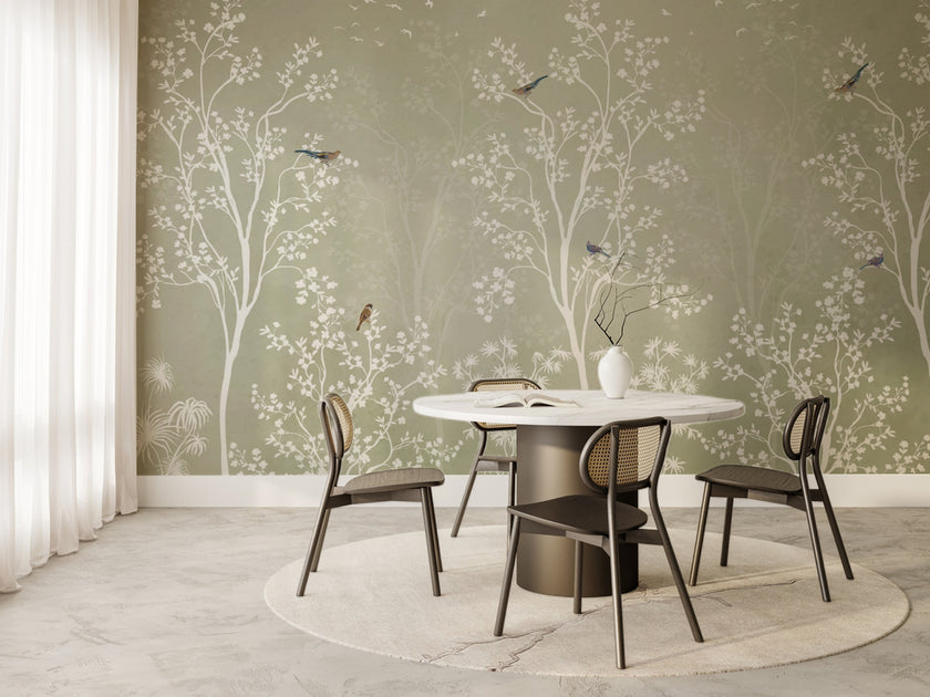 Beyaz Chinoiserie Ağaçlar ve Kuşlar Duvar Kağıdı – uygulama görseli 6