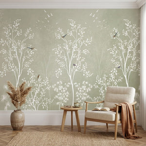 Beyaz Chinoiserie Ağaçlar ve Kuşlar Duvar Kağıdı – Adaçayı Yeşili Fon